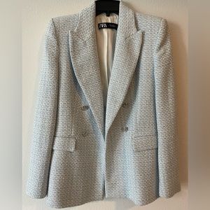 Zara Double Breasted Tweed Blazer in Sky Blue Size M